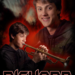Poster montage of boy posing with trumpet